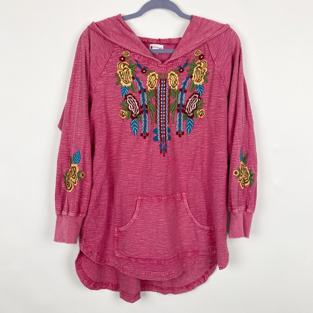 Pink Pineapple Embroidered Floral Slub Knit Hoodie Womens Large Pink